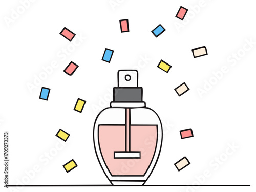 Perfume bottle and colorful confetti celebration aroma fragrance glamour illustration