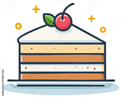 Delicious cartoon cake slice with cherry frosting layers and sweet decoration