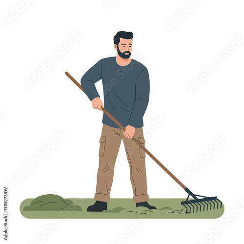 Vector Farmer Illustration | Agricultural Worker with Rake, Flat Minimalist Design, White Background