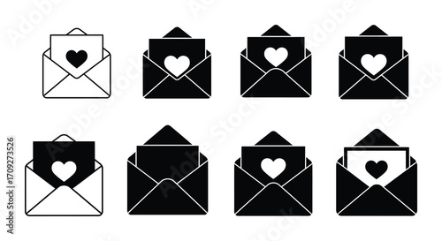 Eight email icons with heart shapes black and white minimalist design