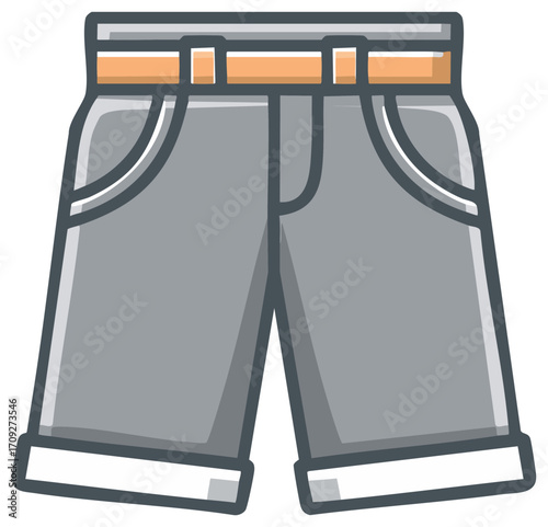 Cartoon gray shorts with belt and rolled cuffs icon for casual summer fashion