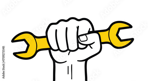 Strong fist powerfully grips golden wrench symbolizing repair, industry, and skilled labor success