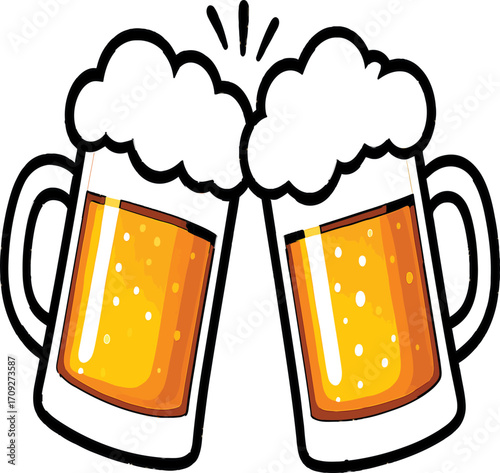 Vector illustration of Two Beer Mugs Clinking with Foam and Bubbles