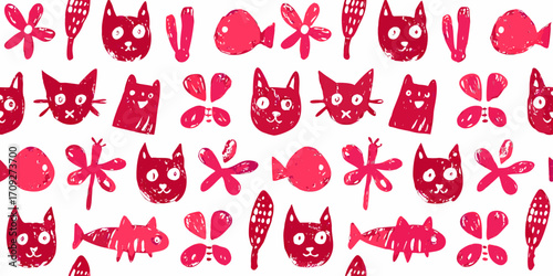 Seamless crayon vector. Cute background. Girl love print pattern. Doodle art. Abstract fashion design. Pink y2k sticker bg.