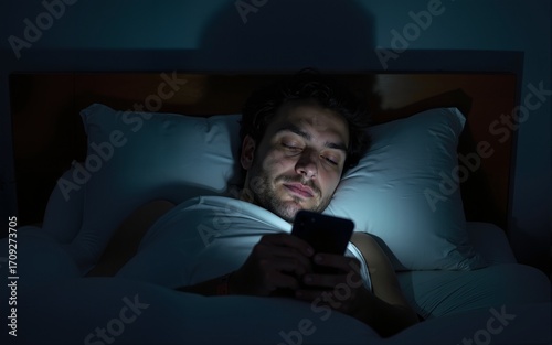 A sleepless man lying in dark bedroom with mobile phone in hands and scrolling endlessly. High quality