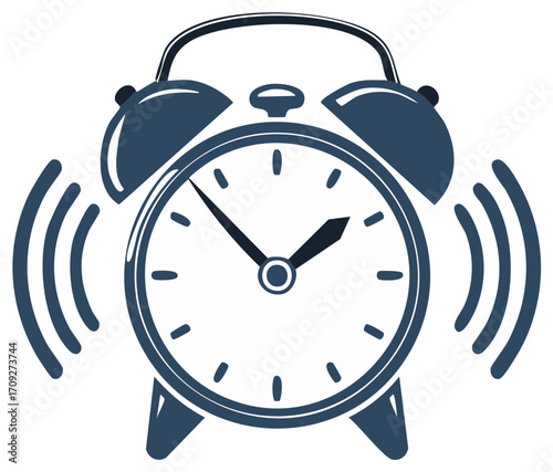 Classic ringing alarm clock icon illustration with sound waves symbolizing wake up and urgent time notification.