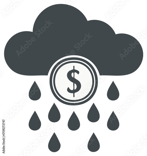 Dark cloud with dollar coin raining water drops symbolizing financial loss or expensive weather events