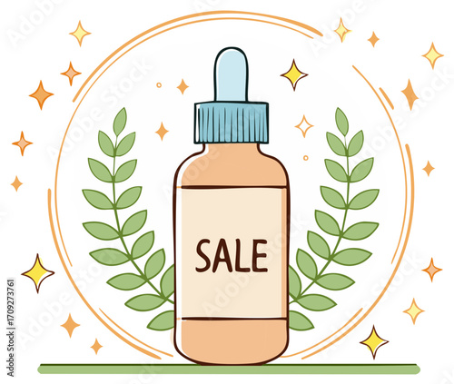 Natural beauty product sale banner with a dropper bottle, herbal leaves, and sparkles illustration.