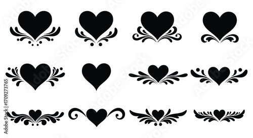 Collection of decorative black heart shapes with floral swirls and designs