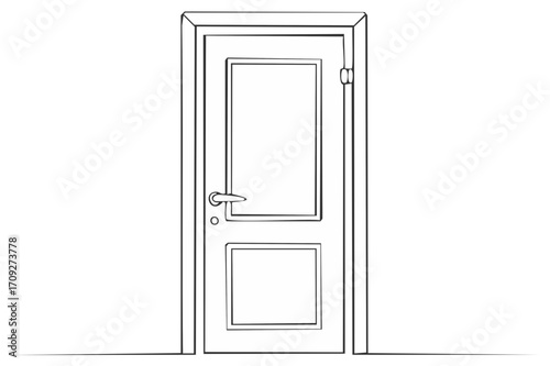 Simple line art sketch of a closed interior door with a handle. Hand drawn vector illustration for concepts of home and opportunity.