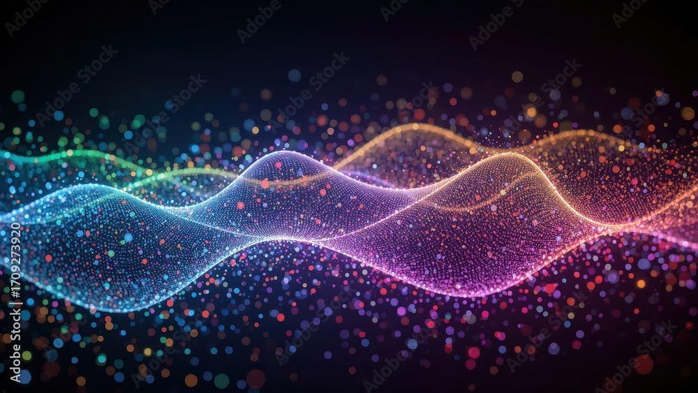 Fototapeta premium Abstract graphic design showcasing dynamic, colorful waves of interconnected particles against a dark backdrop.