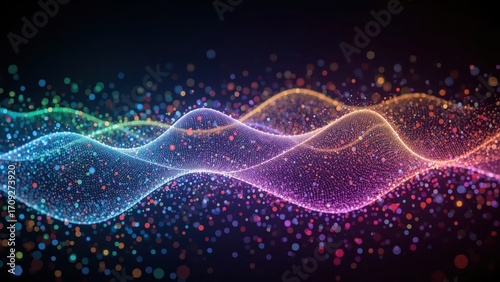 Abstract graphic design showcasing dynamic, colorful waves of interconnected particles against a dark backdrop.