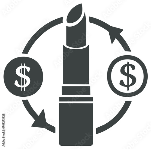 Lipstick Investment Icon with Dollar Signs and Arrows Symbolizing Spending