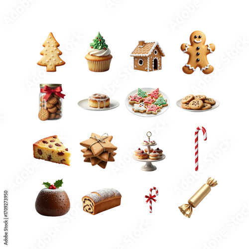 Festive Christmas desserts and cookies arranged on a white background with copy space