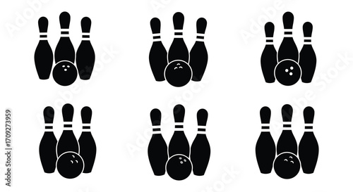 Simple black and white illustration depicting a set of bowling pins