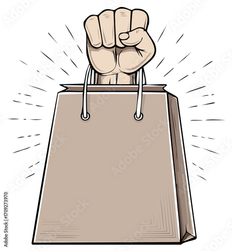 Powerful raised fist of protest emerging from a simple paper shopping bag