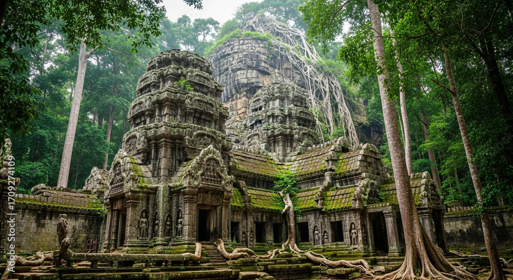 Obraz premium Explore ancient ruins of Ta Prohm temple embraced by jungle roots in Siem Reap Cambodia adventure travel