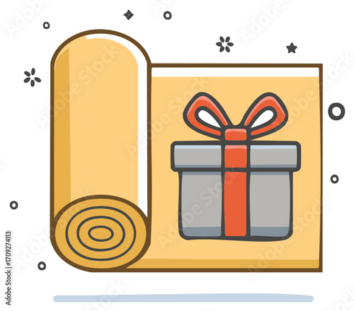Festive gift wrapping paper roll with a decorated present box for celebrations and holidays