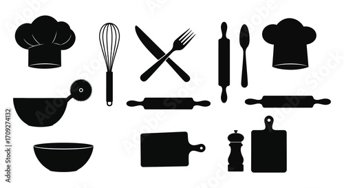 Black silhouette icons depicting cooking tools and chef hats for culinary arts