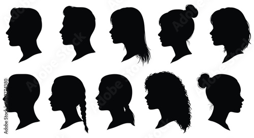 A collection of diverse profile silhouettes showing different hairstyles and faces