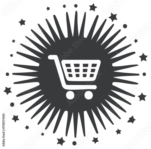 Stylized shopping cart icon surrounded by burst of rays and stars promoting sales and specials