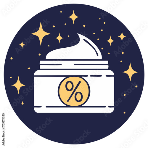 Cream jar with percent sign, stars in circle, beauty product, skincare, illustration