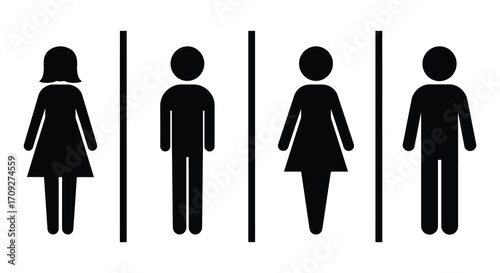 Simple black silhouettes of male and female figures in a row