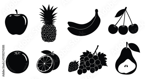 Black silhouettes of various fresh fruits arranged on a white background