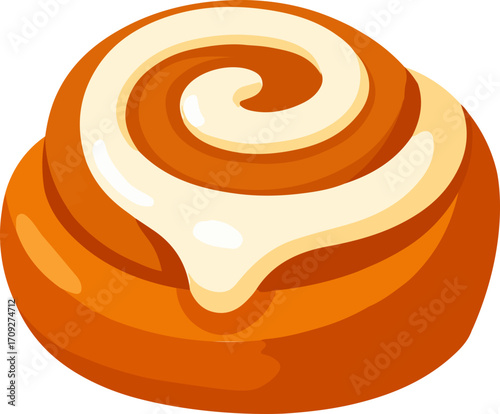 Inviting cartoon illustration of a classic cinnamon roll, generously topped with smooth, sweet cream cheese frosting, a warm and comforting baked good