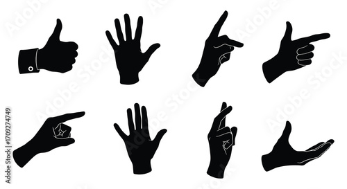 Collection of black silhouette hand gestures and signs on a white background