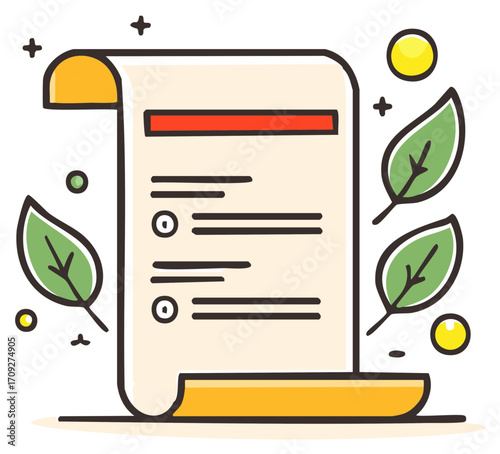 Stylized illustration of a document scroll with checklist and green leaves, symbolizing sustainable planning