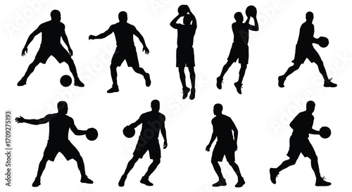 Silhouettes of basketball players in various dynamic action poses