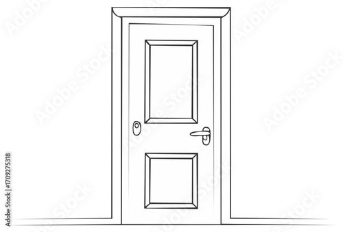 A line drawing of a door with two square inset panels, a handle, and a lock on a light background