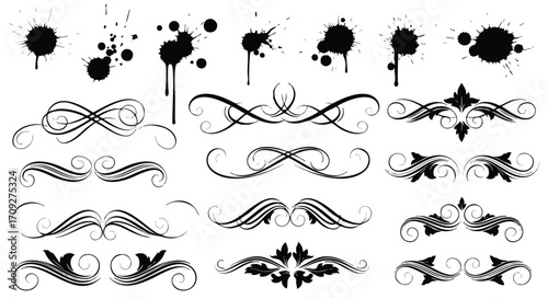Elegant ornamental flourish designs and ink splatters for creative projects and graphic design