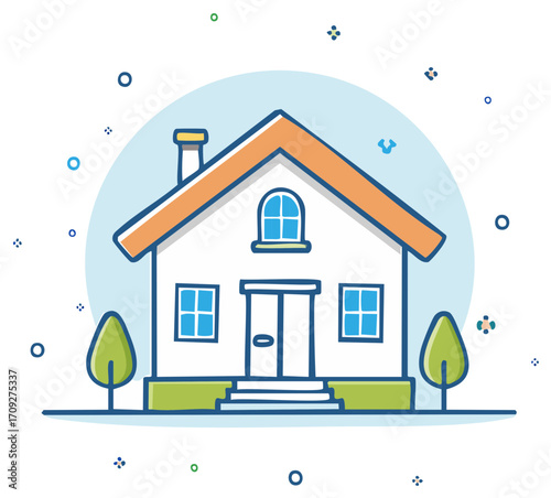 Simple cute residential house illustration with trees, windows, roof, door, chimney, steps and small design elements
