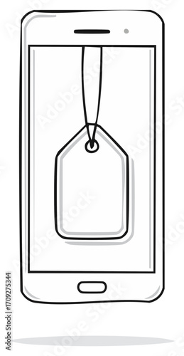 Hand drawn smartphone with a blank price tag icon for mobile commerce and online shopping