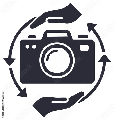 Camera sharing and rental service vector icon with hands and circular arrows