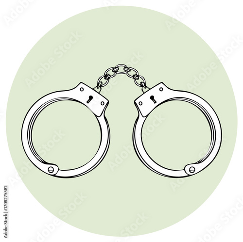 Stylized drawing features linked metallic handcuffs against a soft sage green circular background, evoking law enforcement and confinement themes