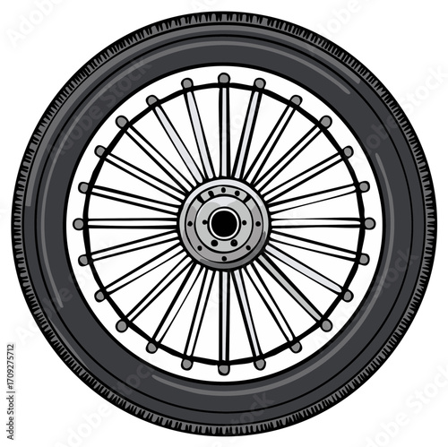 Illustrated motorcycle wheel with spokes, black tire, and grey hub, vehicle parts drawing with tread detail, isolated.