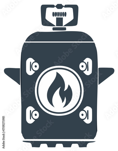 Metal Container with Flame Symbol, Control Knobs, and Regulator, Industrial Tooling, Fuel Industry, Process, Black and White