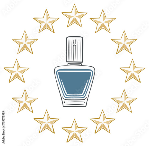 Elegant perfume bottle surrounded by a circle of golden stars symbolizing excellence and luxury