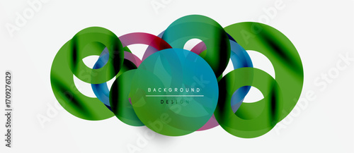 Abstract colorful loops create dynamic visual. Modern design elements suggest movement, energy, innovation. Background features gradients, shapes.