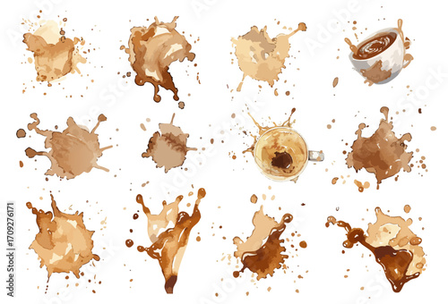 Coffee Splashes And Stains isolated Background With Various Shades Of Brown. Decorative drink drops and stains. Liquid stain frame. Vector collection set