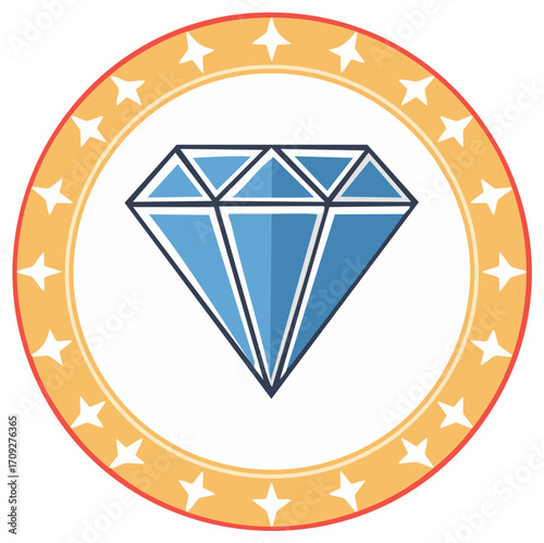 Gemstone illustration in a circular frame with stars