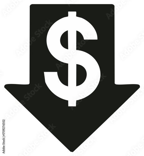 Dollar down arrow icon symbolizing cost reduction economic crisis and price drop