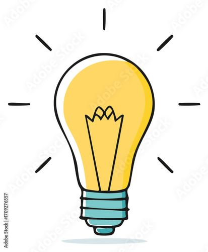 Hand drawn lightbulb shining bright illustrating ideas concept with radiance rays emitting