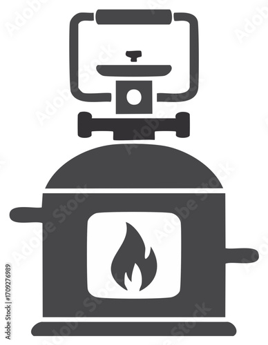 Outdoor portable gas stove with burning flame travel cooking equipment simple icon