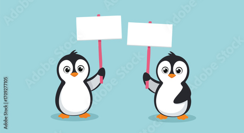 Two adorable penguins holding blank signs ready for your important message or announcement