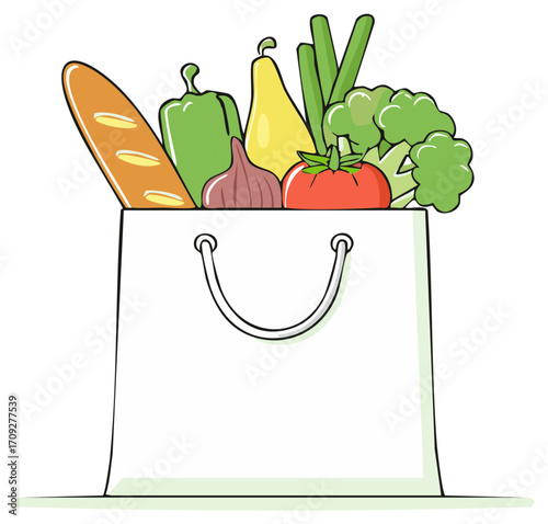 A shopping bag filled with fresh produce and a loaf of bread symbolizes healthy eating and grocery shopping