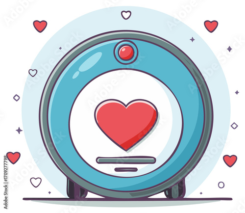 Blue Robot Vacuum Cleaner with Heart Shape Icon for Valentines Day or Love Technology Concept